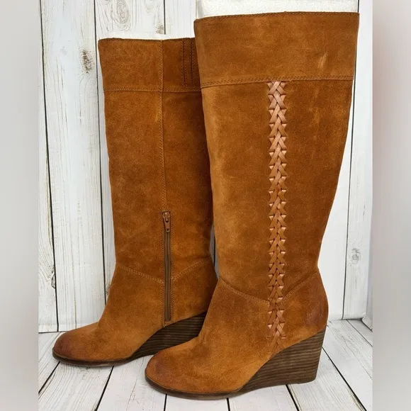 NEW Lucky Brand Sanna Bombay Brown Suede Leather Wedge Knee High Boots 8M $219