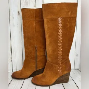 NEW Lucky Brand Sanna Bombay Brown Suede Leather Wedge Knee High Boots 8M $219