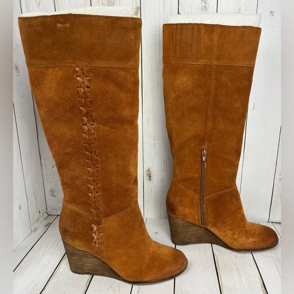 NEW Lucky Brand Sanna Bombay Brown Suede Leather Wedge Knee High Boots 8M $219