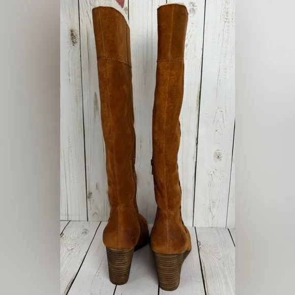 NEW Lucky Brand Sanna Bombay Brown Suede Leather Wedge Knee High Boots 8M $219