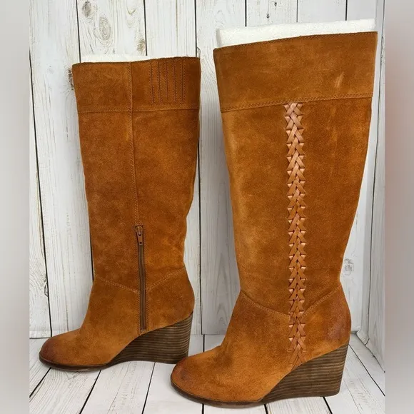 NEW Lucky Brand Sanna Bombay Brown Suede Leather Wedge Knee High Boots 8M $219