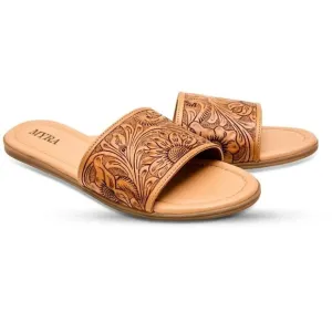 New! Myra Hand-Tooled Brown Leather Slide Sandals