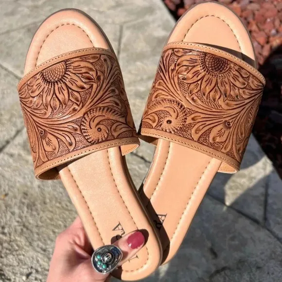 New! Myra Hand-Tooled Brown Leather Slide Sandals