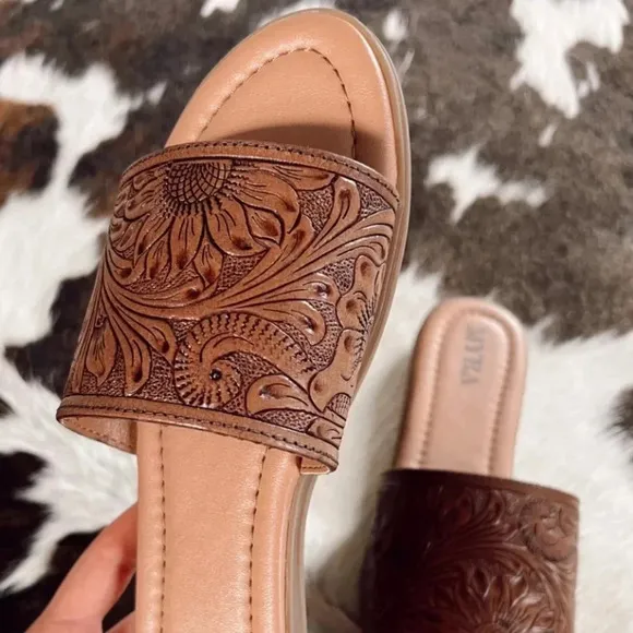New! Myra Hand-Tooled Brown Leather Slide Sandals