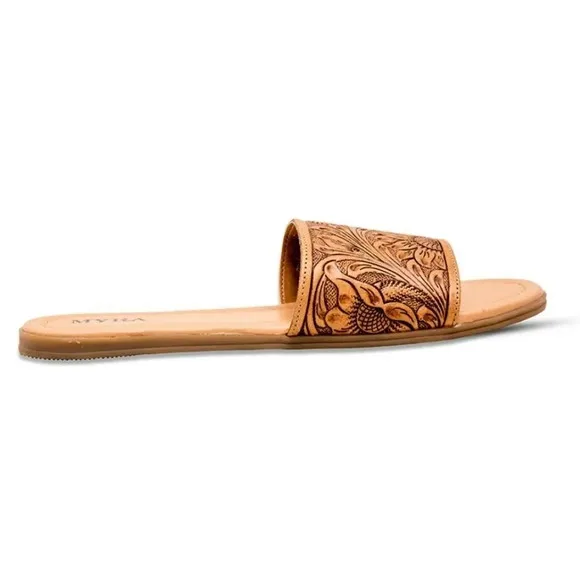 New! Myra Hand-Tooled Brown Leather Slide Sandals