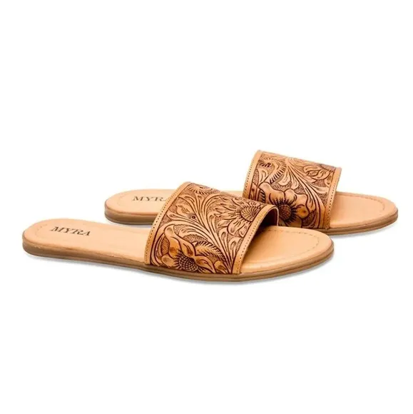 New! Myra Hand-Tooled Brown Leather Slide Sandals