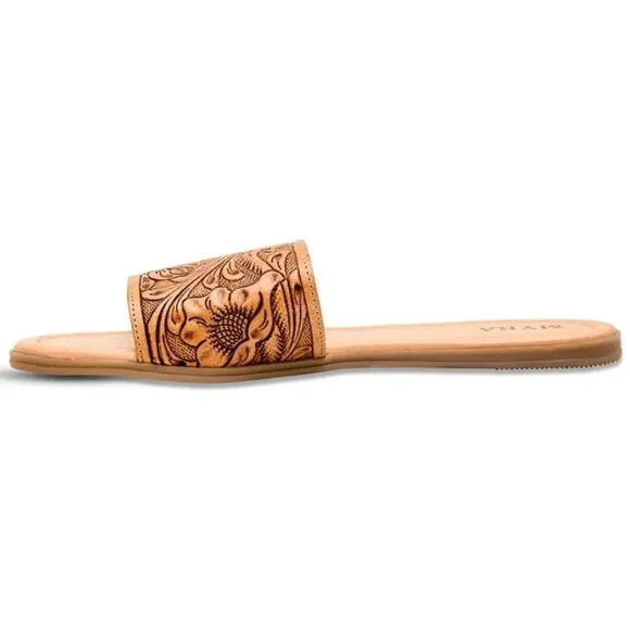 New! Myra Hand-Tooled Brown Leather Slide Sandals