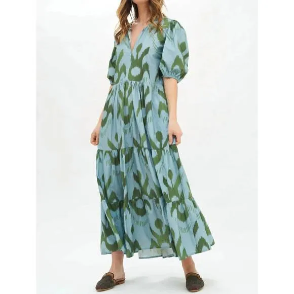 NEW OLIPHANT puff sleeve maxi dress in blue/green