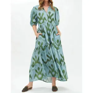 NEW OLIPHANT puff sleeve maxi dress in blue/green