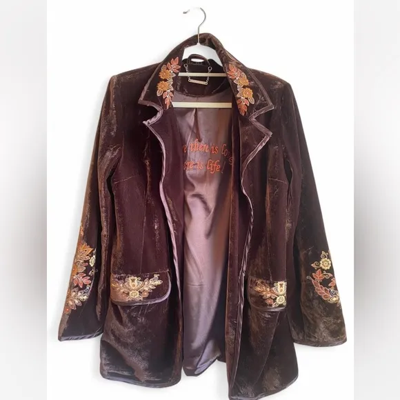 New* Paparazzi Bohemian Johnny Style Brown Velvet Embroidered Long Jacket -M-