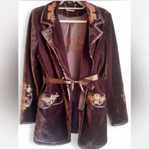 New* Paparazzi Bohemian Johnny Style Brown Velvet Embroidered Long Jacket -M-