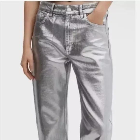 NEW Rebecca Minkoff Silver Coated Denim Jeans