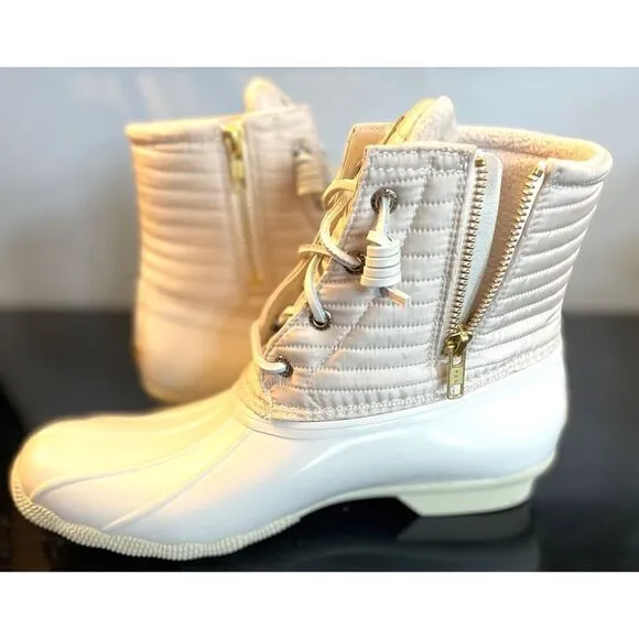 New Sperry Top Sider Saltwater  Ivory Chevron Quilted Shaft Nylon Duck Boots 10