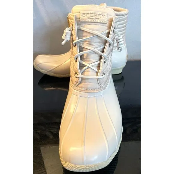 New Sperry Top Sider Saltwater  Ivory Chevron Quilted Shaft Nylon Duck Boots 10
