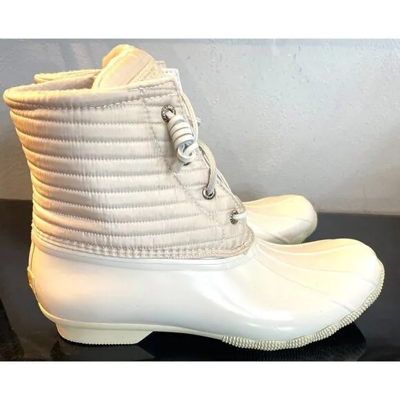 New Sperry Top Sider Saltwater  Ivory Chevron Quilted Shaft Nylon Duck Boots 10