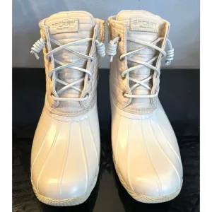 New Sperry Top Sider Saltwater  Ivory Chevron Quilted Shaft Nylon Duck Boots 10