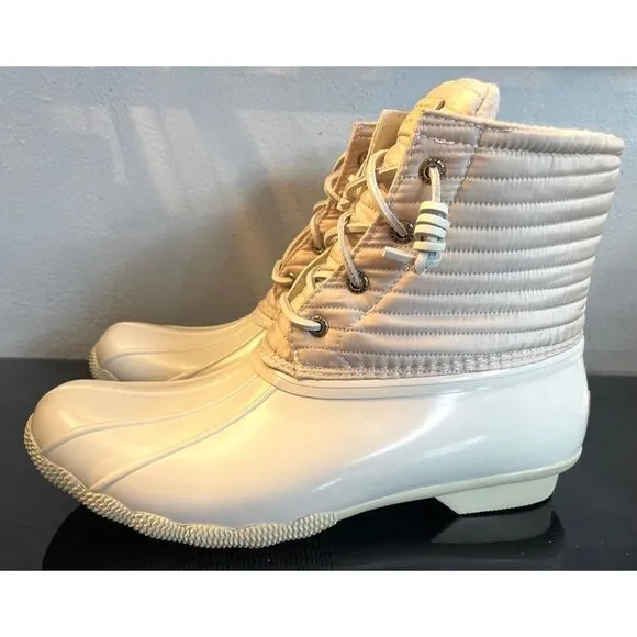 New Sperry Top Sider Saltwater  Ivory Chevron Quilted Shaft Nylon Duck Boots 10