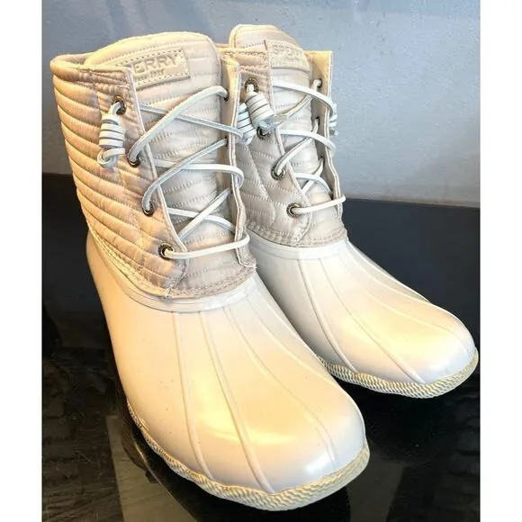 New Sperry Top Sider Saltwater  Ivory Chevron Quilted Shaft Nylon Duck Boots 10
