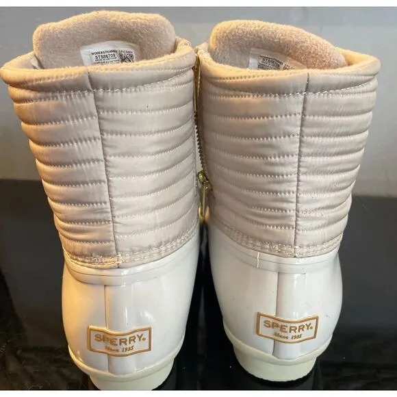 New Sperry Top Sider Saltwater  Ivory Chevron Quilted Shaft Nylon Duck Boots 10
