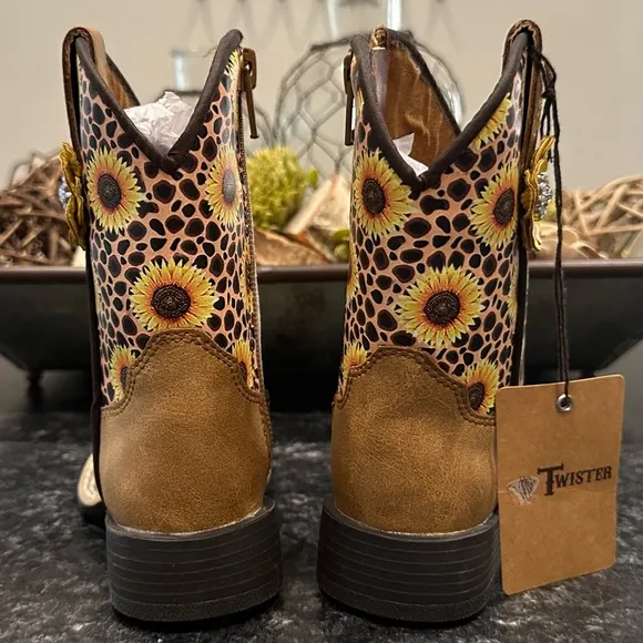 New! Twister Toddler Sunnies Tan &amp; Cheetah Sunflowers Square Toe Cowboy Boots