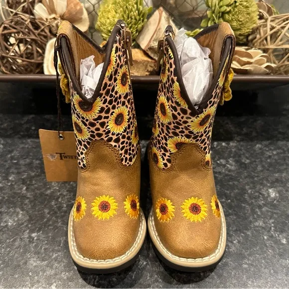 New! Twister Toddler Sunnies Tan &amp; Cheetah Sunflowers Square Toe Cowboy Boots