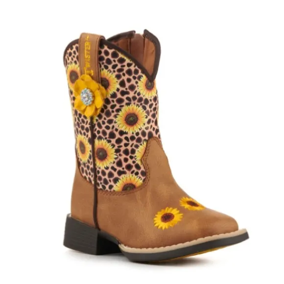 New! Twister Toddler Sunnies Tan &amp; Cheetah Sunflowers Square Toe Cowboy Boots