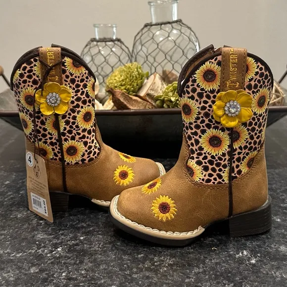 New! Twister Toddler Sunnies Tan &amp; Cheetah Sunflowers Square Toe Cowboy Boots