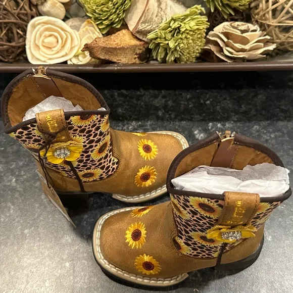 New! Twister Toddler Sunnies Tan &amp; Cheetah Sunflowers Square Toe Cowboy Boots