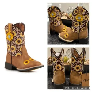 New! Twister Toddler Sunnies Tan &amp; Cheetah Sunflowers Square Toe Cowboy Boots