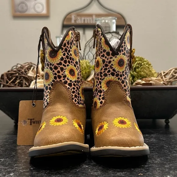 New! Twister Toddler Sunnies Tan &amp; Cheetah Sunflowers Square Toe Cowboy Boots