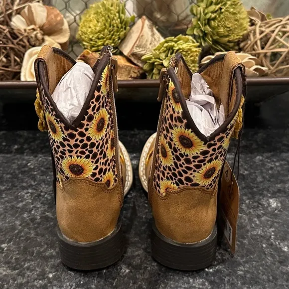 New! Twister Toddler Sunnies Tan &amp; Cheetah Sunflowers Square Toe Cowboy Boots