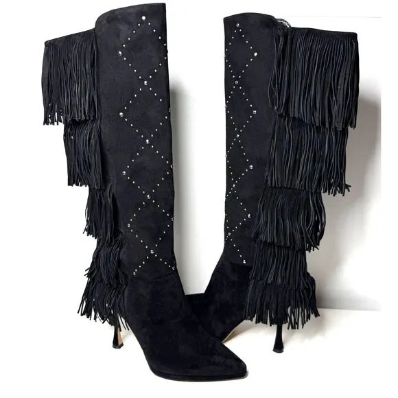 New Vince Camuto Womens Panaryaz Studded Fringe Black Dress Tall Boots Sz 9