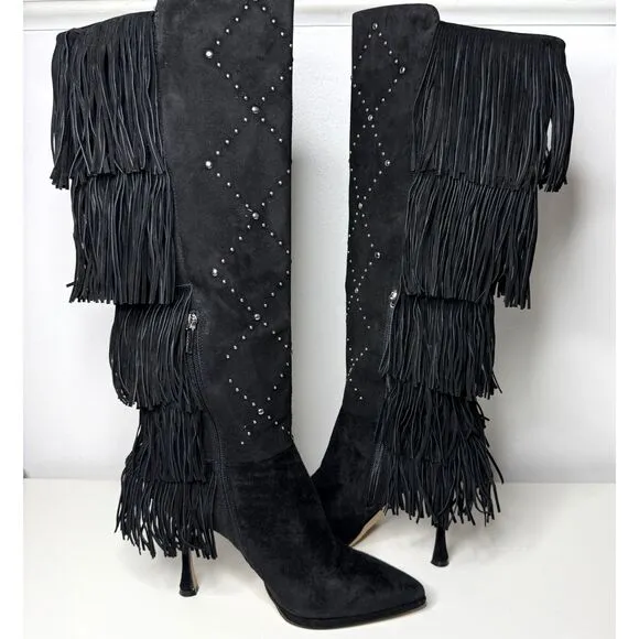 New Vince Camuto Womens Panaryaz Studded Fringe Black Dress Tall Boots Sz 9