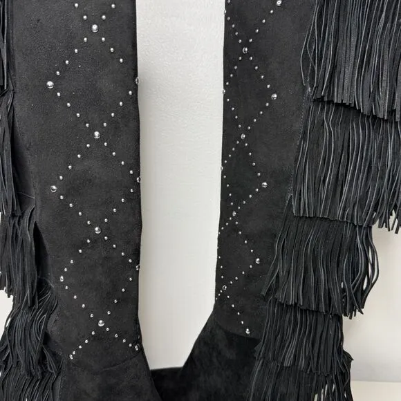 New Vince Camuto Womens Panaryaz Studded Fringe Black Dress Tall Boots Sz 9
