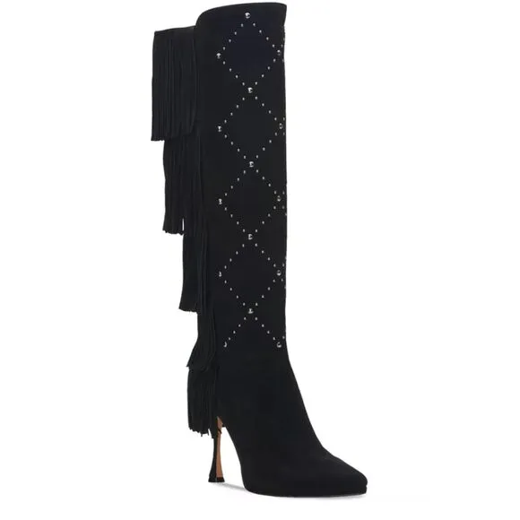 New Vince Camuto Womens Panaryaz Studded Fringe Black Dress Tall Boots Sz 9
