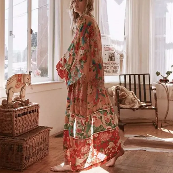 New Vintage Floral Print Sheer Chiffon Kimono Gypsy Duster Sheer Red Peach Teal