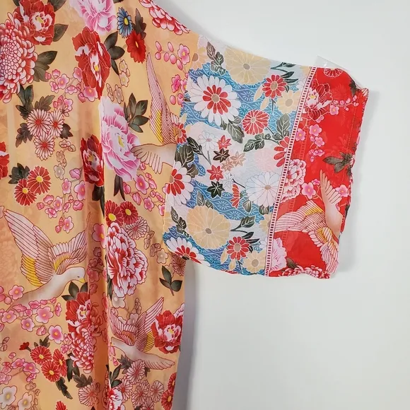 New Vintage Floral Print Sheer Chiffon Kimono Gypsy Duster Sheer Red Peach Teal
