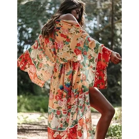 New Vintage Floral Print Sheer Chiffon Kimono Gypsy Duster Sheer Red Peach Teal