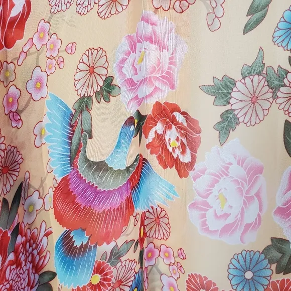 New Vintage Floral Print Sheer Chiffon Kimono Gypsy Duster Sheer Red Peach Teal