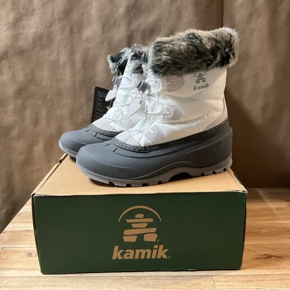New! Women’s Kamik Momentum L 2 Boots 6 White Grey Winter Faux Fur Waterproof