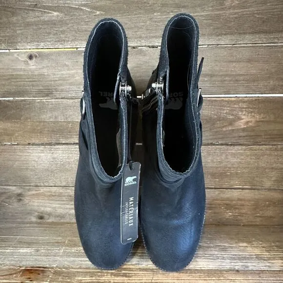 New Womens Sorel Cate Black Leather Waterproof Buckle‎ Heeled Ankle Boots Size 7