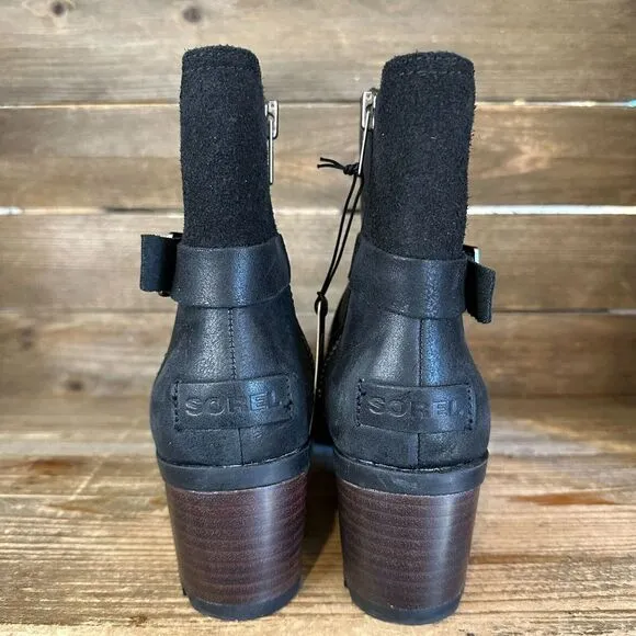 New Womens Sorel Cate Black Leather Waterproof Buckle‎ Heeled Ankle Boots Size 7