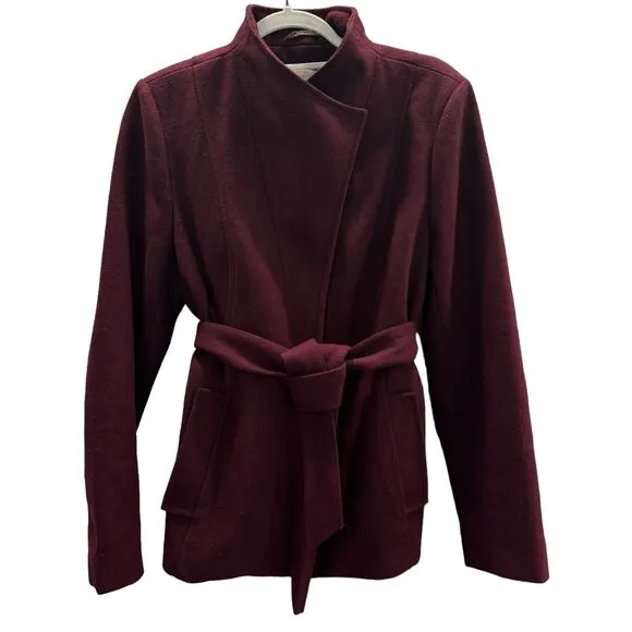 New York &amp; Company Ladies Wool Blend Jacket Belted Burgundy Coat High Collar