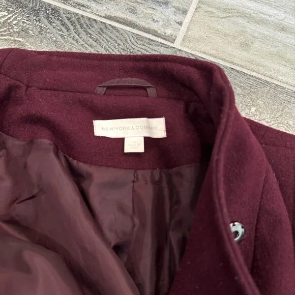New York &amp; Company Ladies Wool Blend Jacket Belted Burgundy Coat High Collar