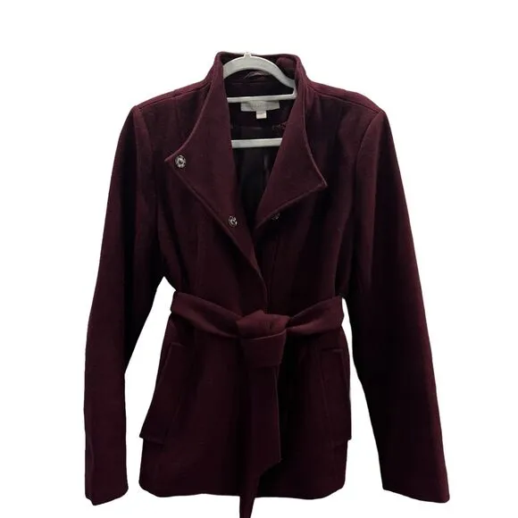 New York &amp; Company Ladies Wool Blend Jacket Belted Burgundy Coat High Collar