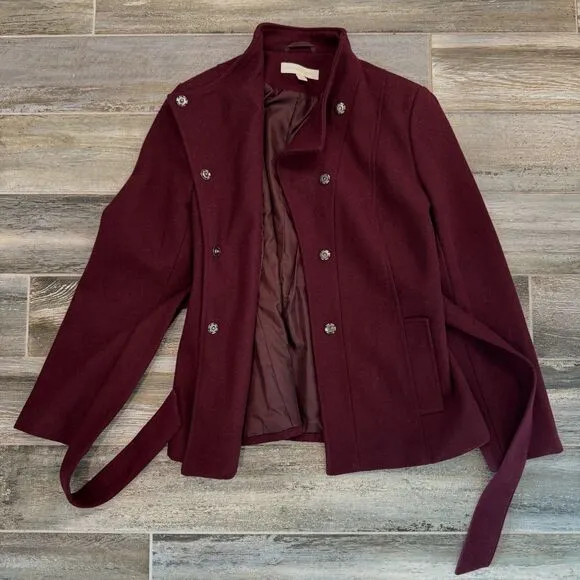 New York &amp; Company Ladies Wool Blend Jacket Belted Burgundy Coat High Collar