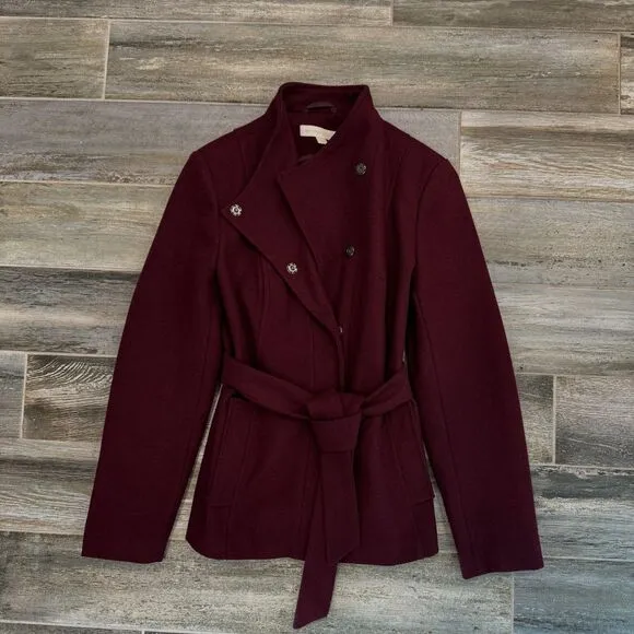 New York &amp; Company Ladies Wool Blend Jacket Belted Burgundy Coat High Collar