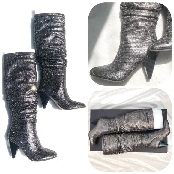 NIB INC Studded Gerii Pewter Metallic Slouchy Knee-High Boots