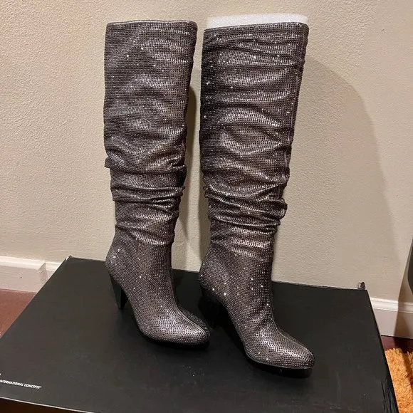 NIB INC Studded Gerii Pewter Metallic Slouchy Knee-High Boots