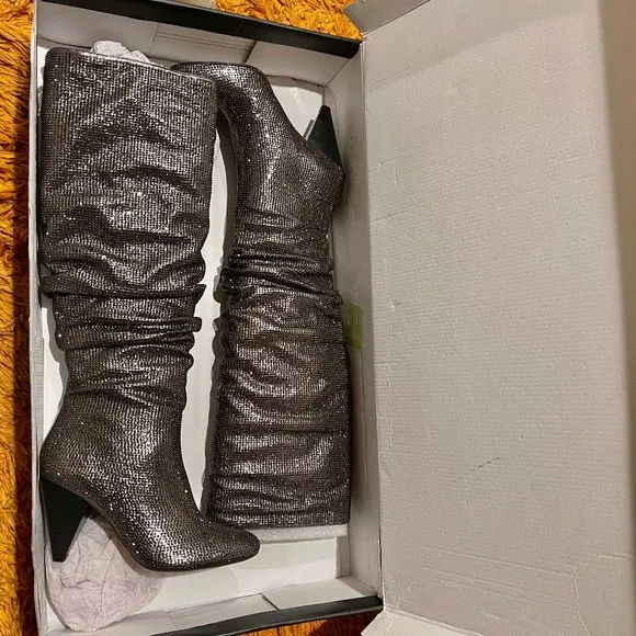 NIB INC Studded Gerii Pewter Metallic Slouchy Knee-High Boots